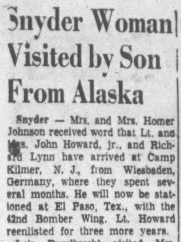 John Howard Jr and family return to Nebraska Fremont Tribune Nebraska 19 Nov 1947 page 9